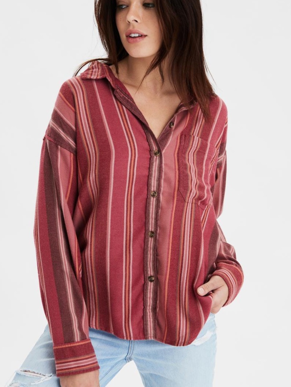 American Eagle Red Striped Button Up Shirt Flannel